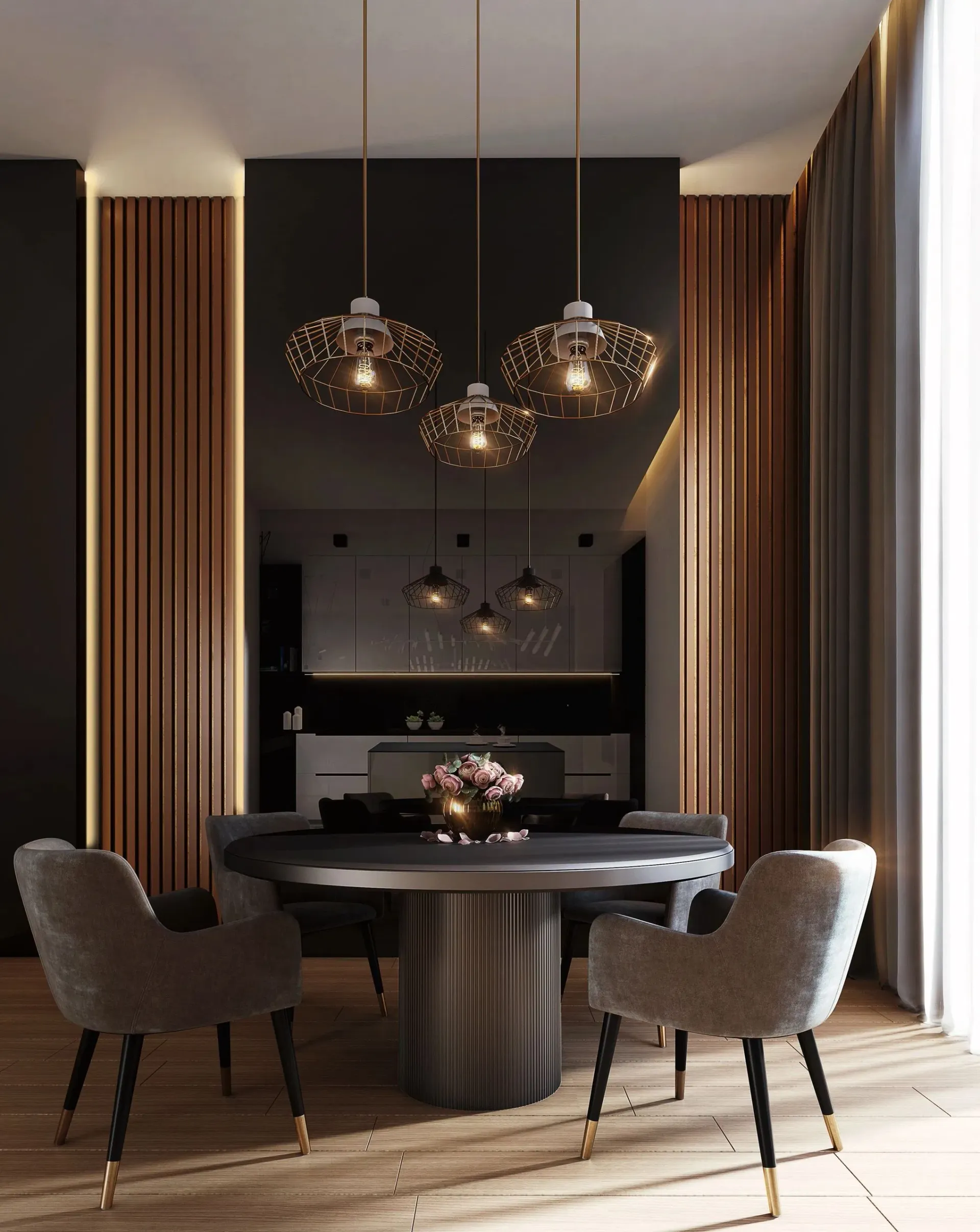 Moody contemporary dining room with sculptural pendant lights
